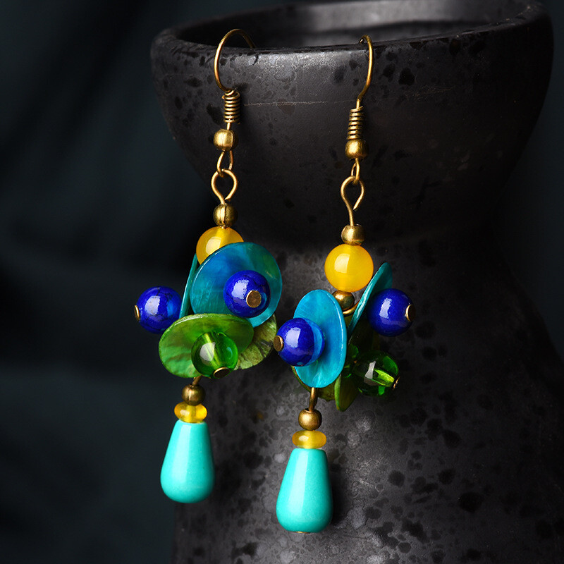 China Coloured Glaze/Turquoise/Conch Flower Tibetan Style Vogue Earbob Earrings