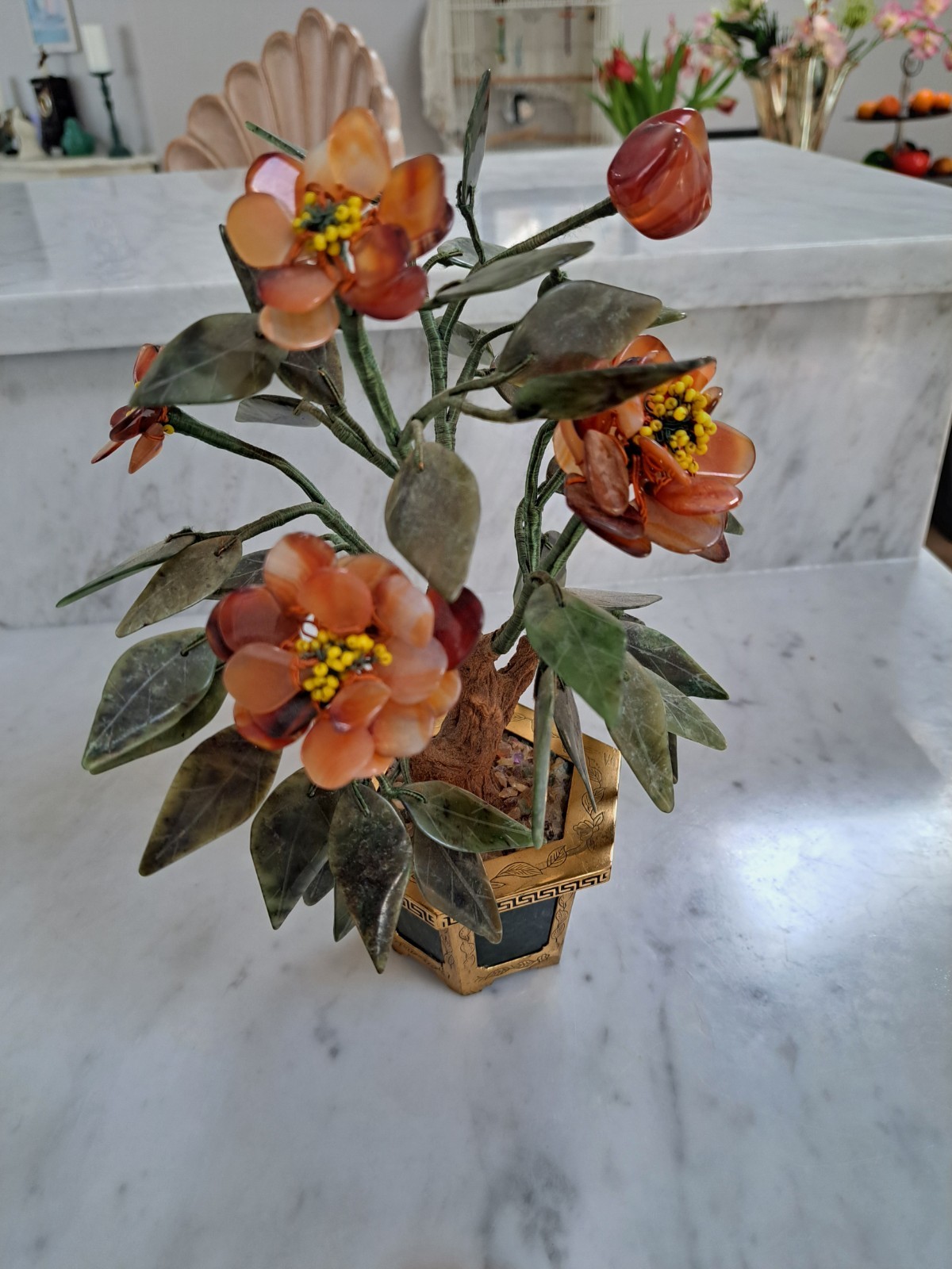 Vintage! Jade gemstone potted flowers With Brass Pot And Jade Decor.