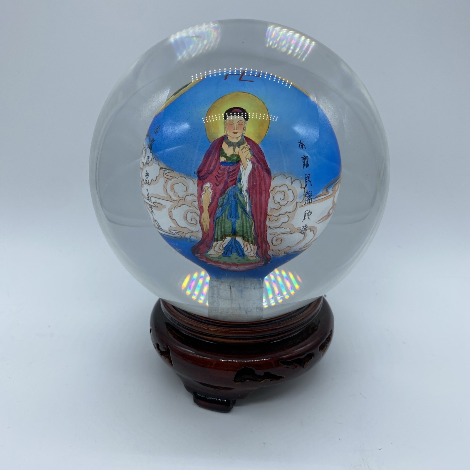 Asian Oriental Reverse Glass Ball Paperweight Shape Globe With Wooden Stand