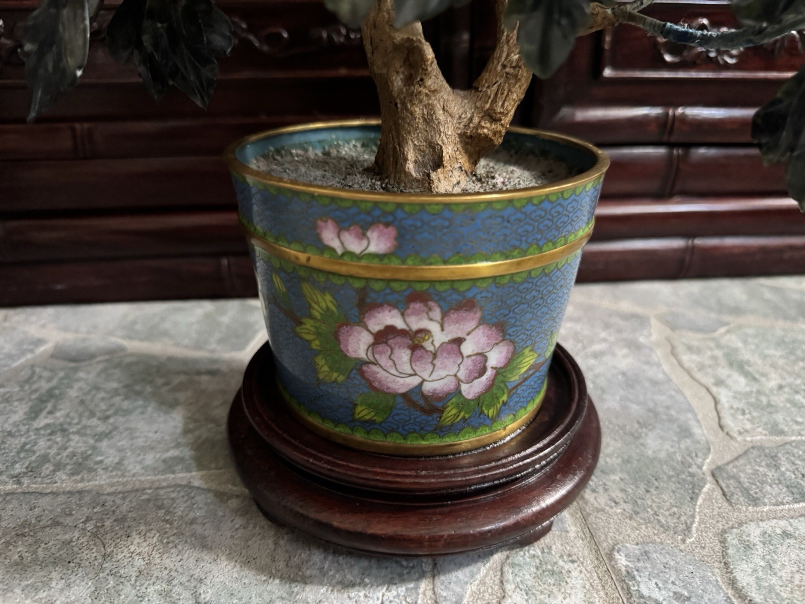 SET PAIR of matching 15” High JADE stone flower tree bonsai with cloisonné Pot