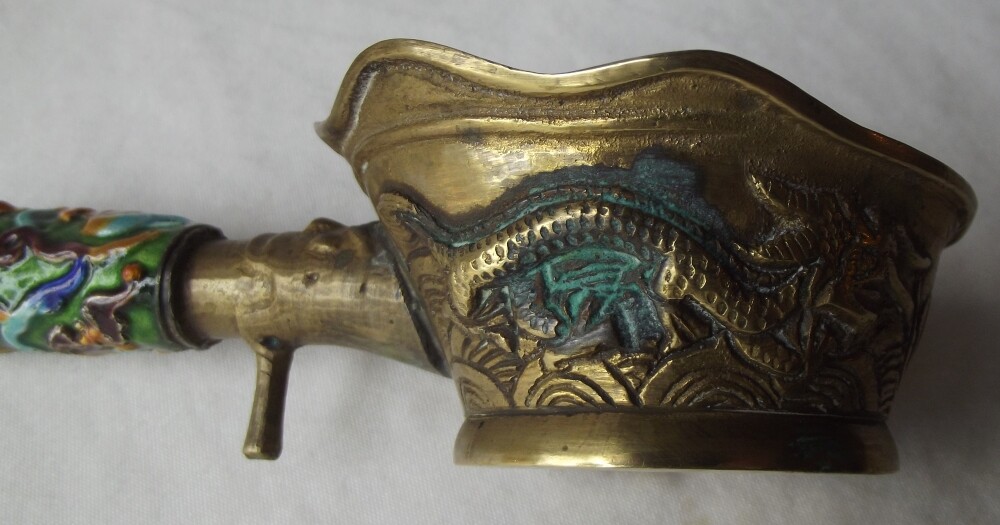 AUTHENTIC ANTIQUE CHINESE BRONZE & ENAMEL DRAGON SILK PAN IRON