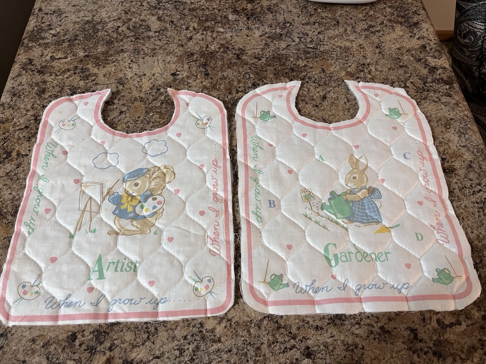 Vintage UNFINISHED Quilted Baby Girl Bib Fabric Lot Of 2. When I Grow Up Bunny