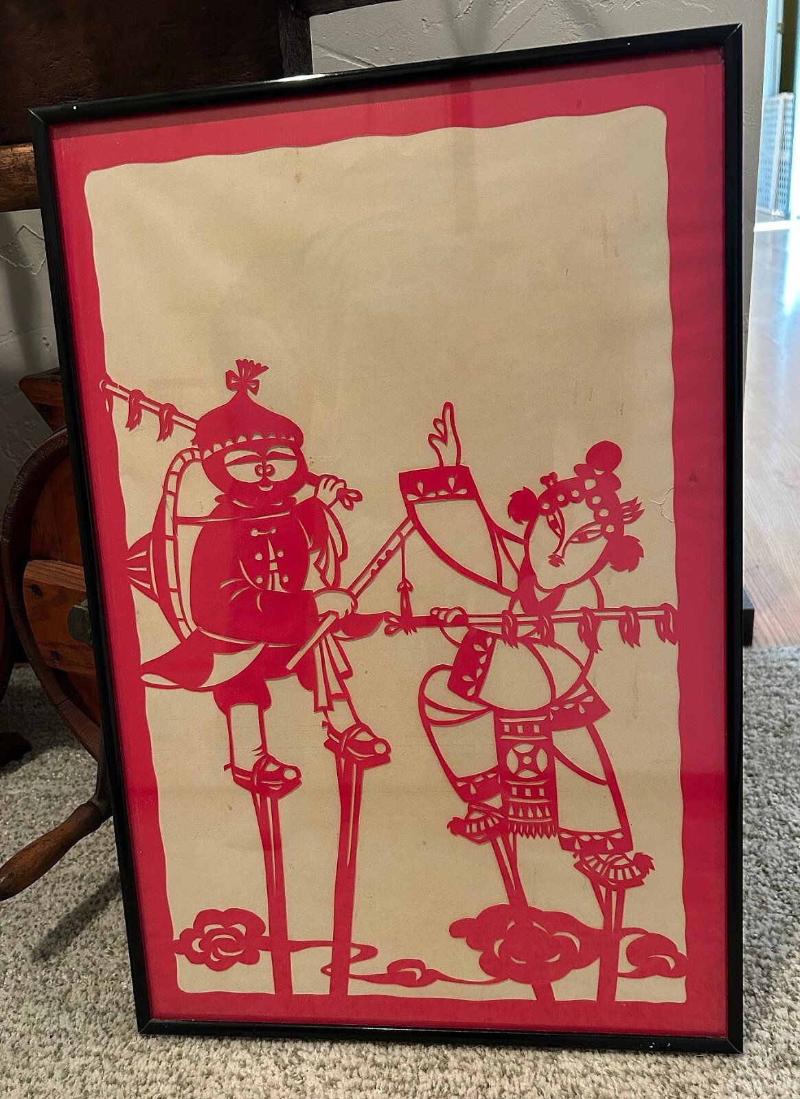Vintage Chinese Hand Cut Red Paper Cutout Picture 2 Opera Players Framed