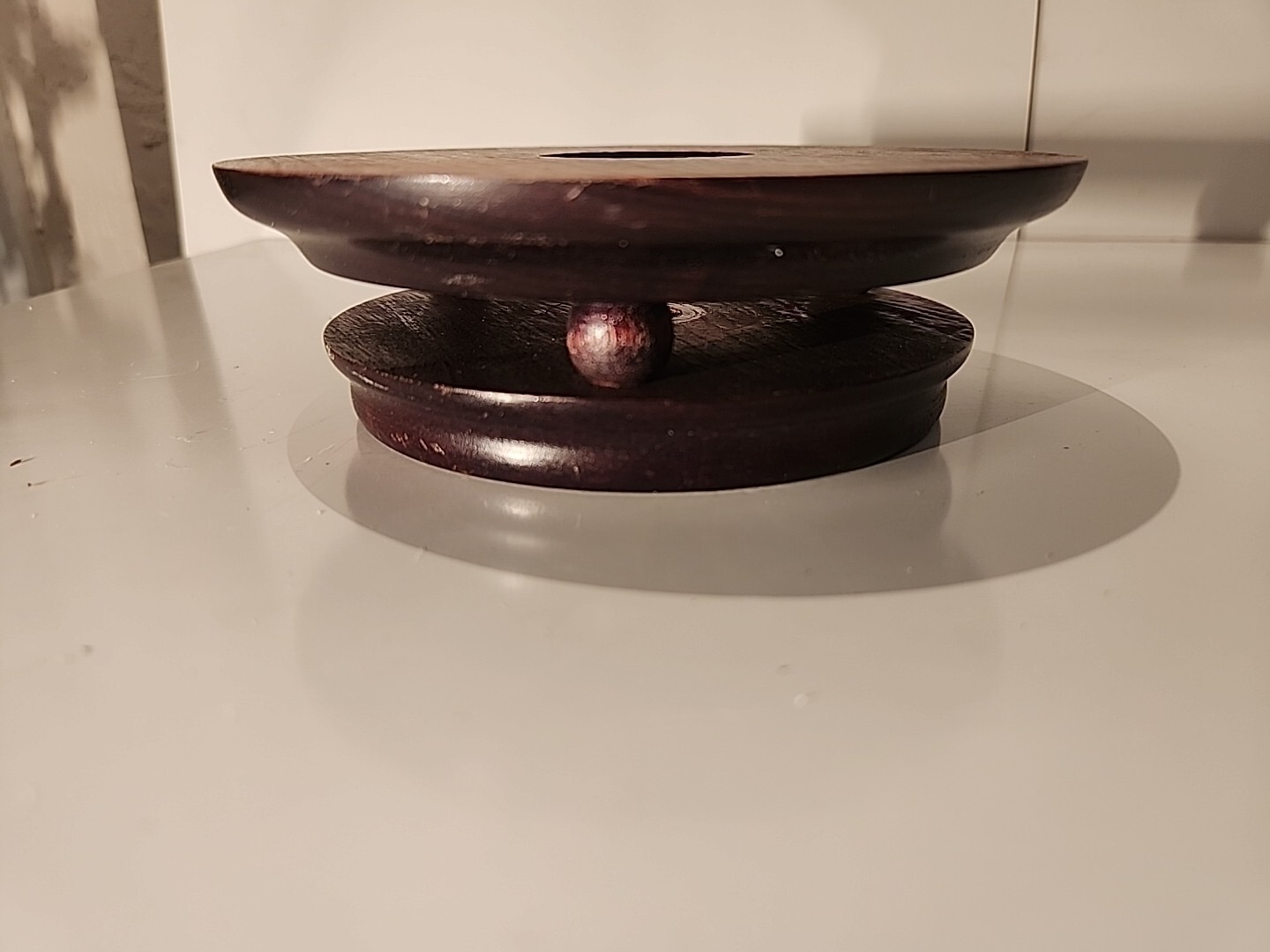CHINESE ASIAN WOOD DARK COLOR PLANT VASE LAMP ROUND STAND 5.5″, 3.75″ INSET J-7