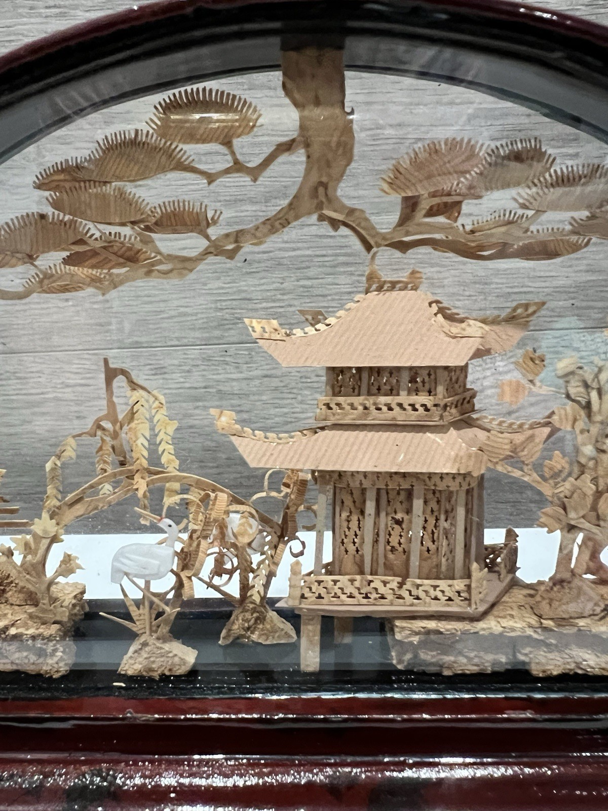 Vintage Chinese Hand Carved Cork Enclosed Diorama Sculpture Village 8” Long