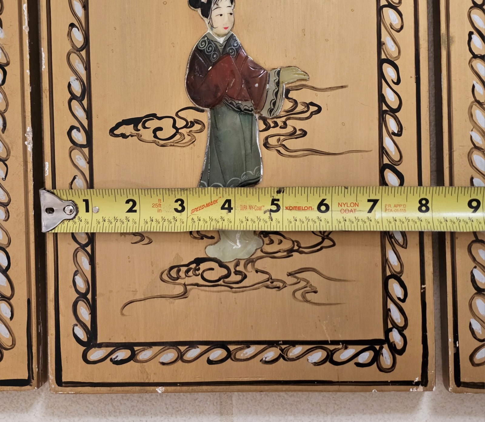 3 Painted Wood ASIAN ART PANELS Inlaid Stone 3D Geisha Figures Chinese VTG Decor