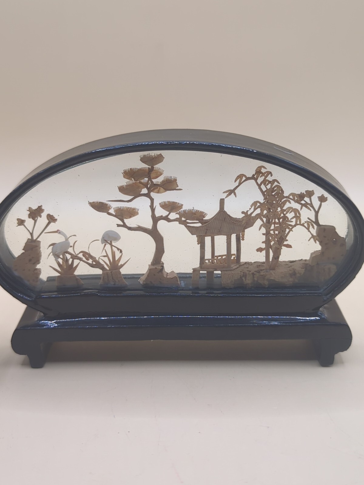 Vintage 2 Hand Carved Cork Diorama of Storks And Pandas in Black Lacquer Frames