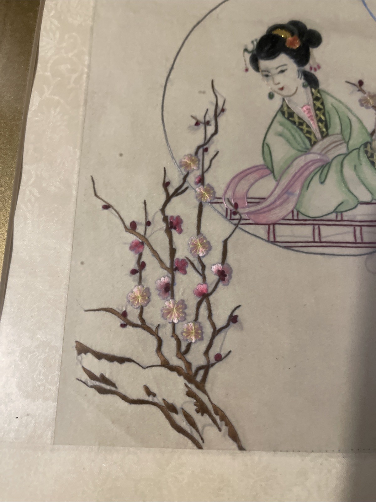Vintage Framed Asian Figural Art Woman on Swing Blossoms Signed 12.5×14.5