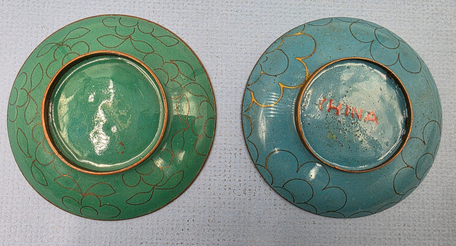 Vintage Set Of 2 Cloisonne Enamel On Copper Trinket Dish W Floral Design 3.75″