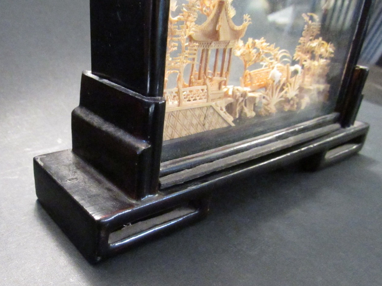 VTG Chinese San You Cork Art Hand Carved Diorama with Pagoda, Cranes, Trees LP-4