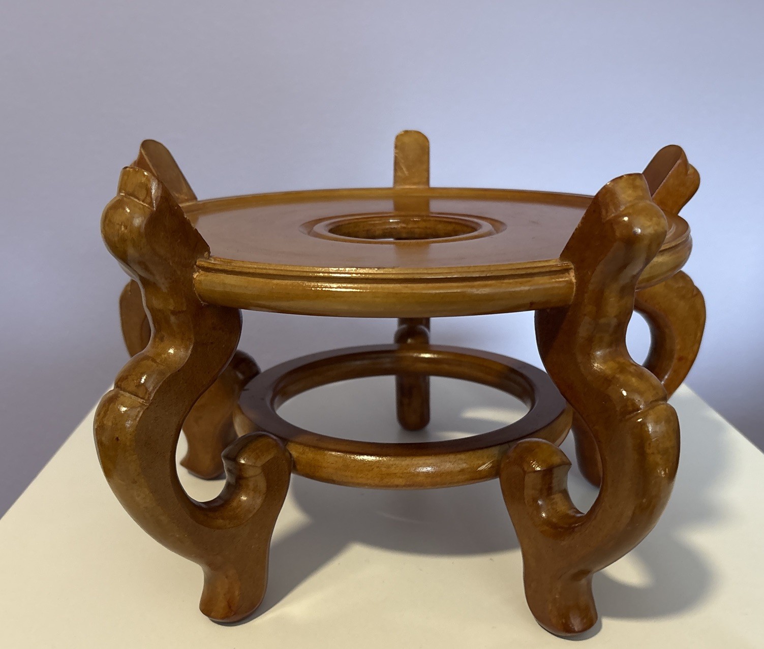 Carved Wood Plant Stand Display Honey Brown Vase Fish Bowl Asian Oriental 10”