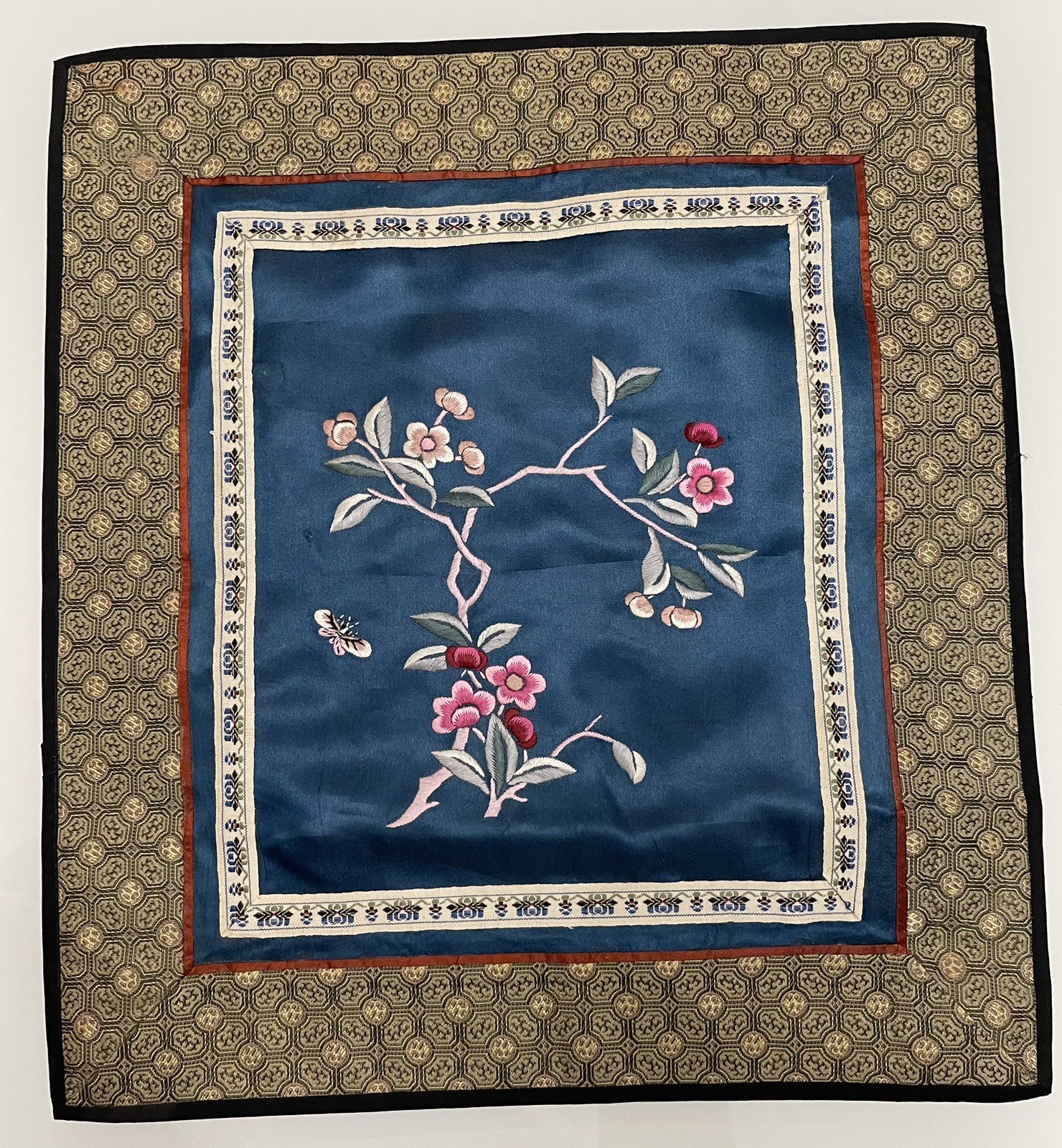 Vintage Chinese Silk Embroidered Art Square 11 by 12.5″ Blue Floral Elegant