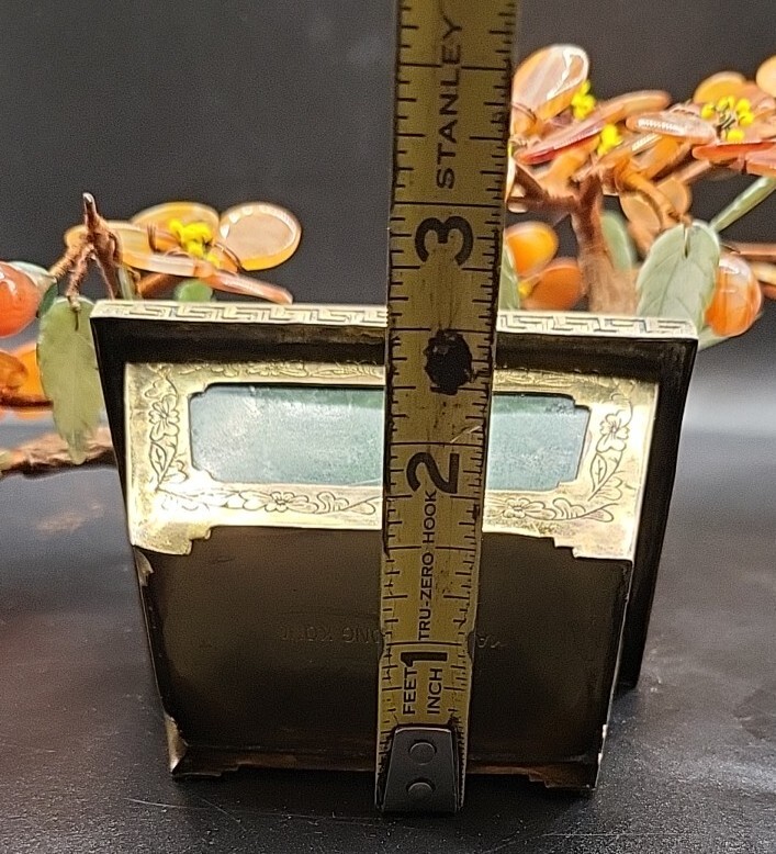 Chinese Carnelian & Green Nephrite Jade Bonsai Tree Brass Etched Base Hong Kong