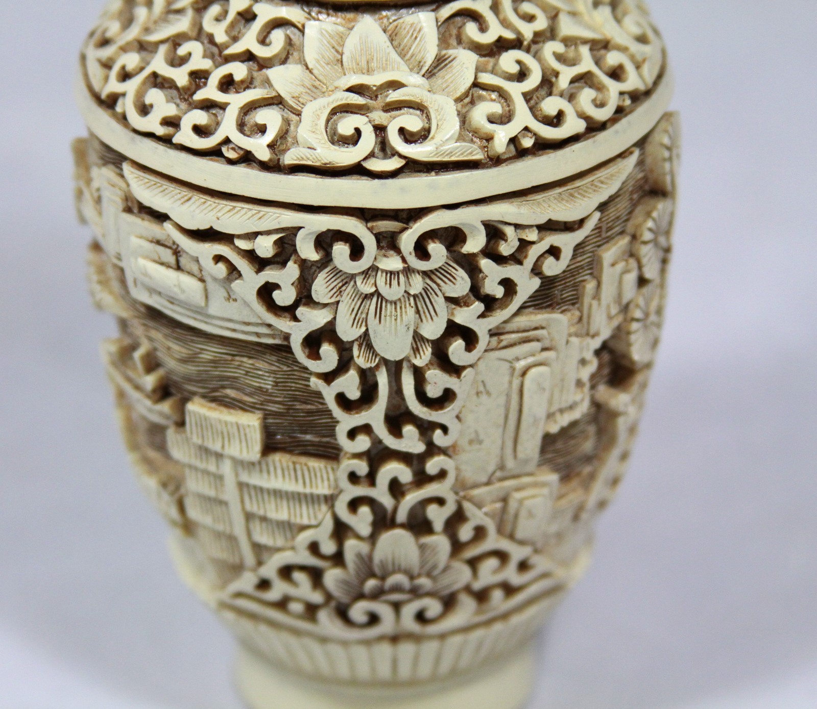 Exquisite “Hand Carved White Chinese Cinnabar Vase” (6.5″ High x 3.25″ Diameter)