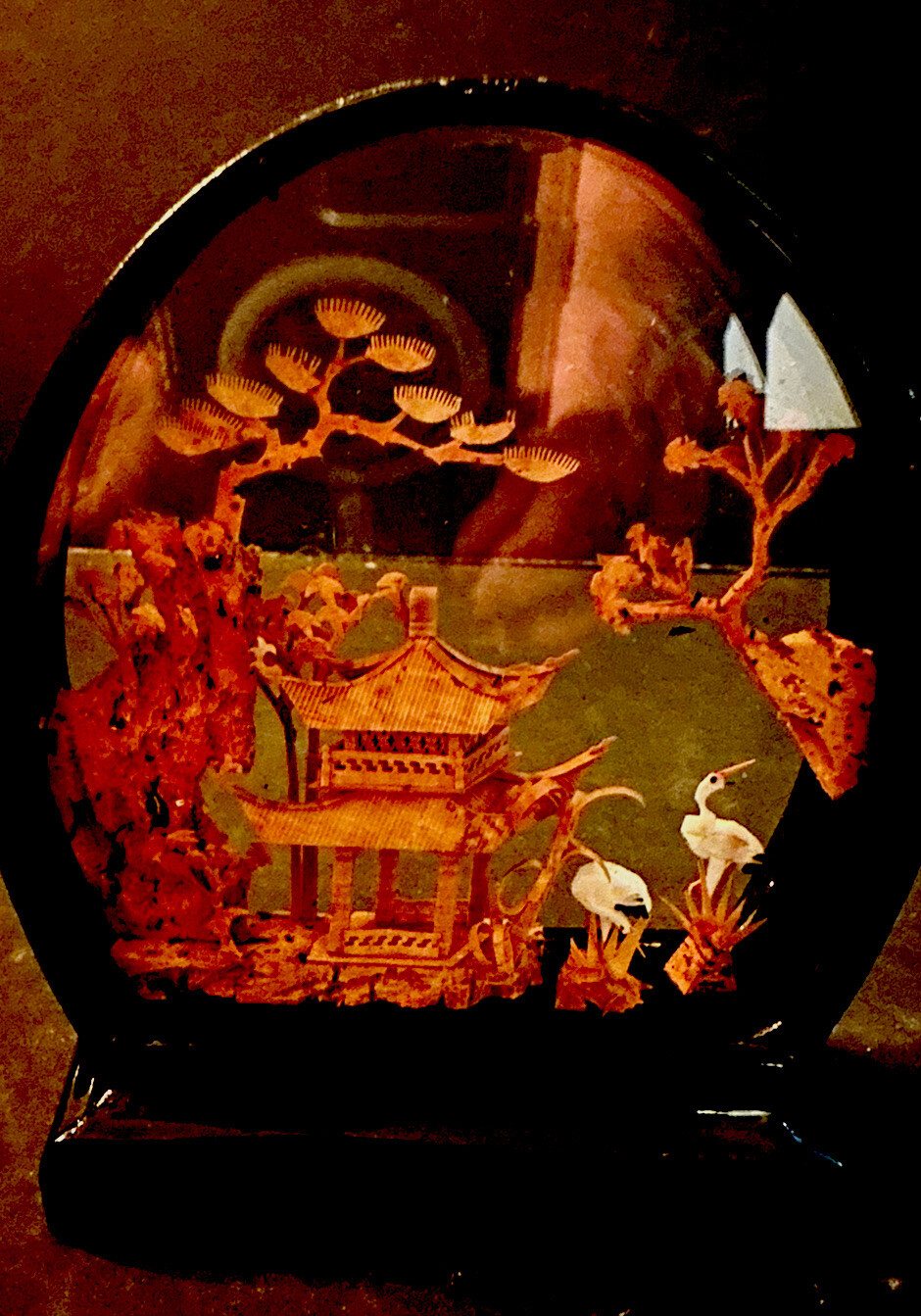 Vintage Chinese Cork Sculpture Picture Garden Wooden Base Encased Dome Glass