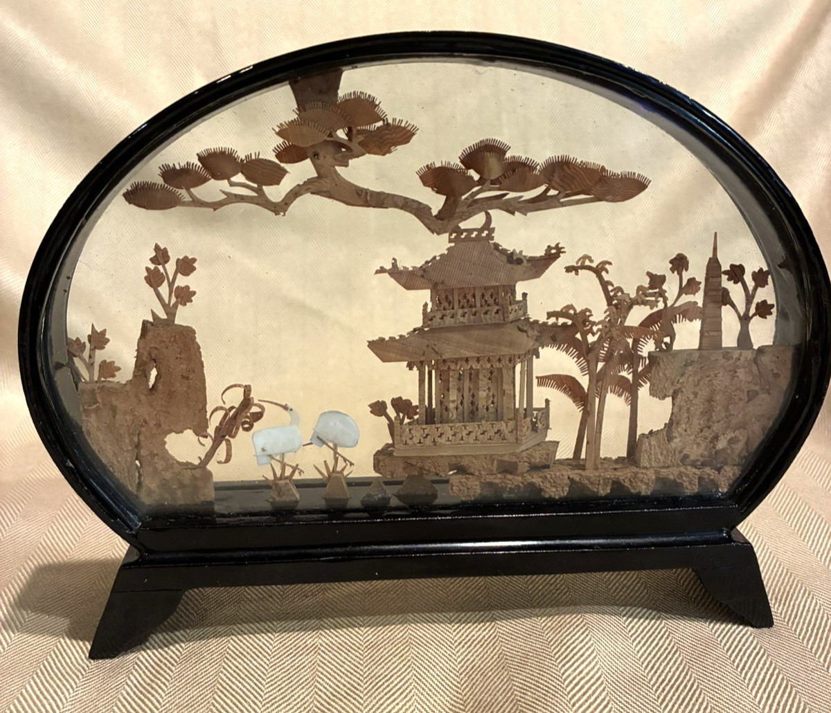 Chinese Hand Carved Cork Enclosed Diorama Art Sculpture, Black Lacquer frame