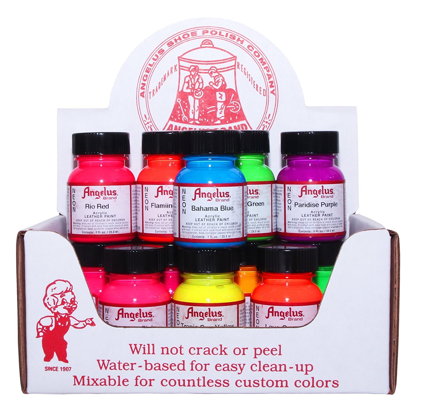 Angelus NEON Acrylic Leather Paint – 12 colors in 1 oz bottles w/Appl.