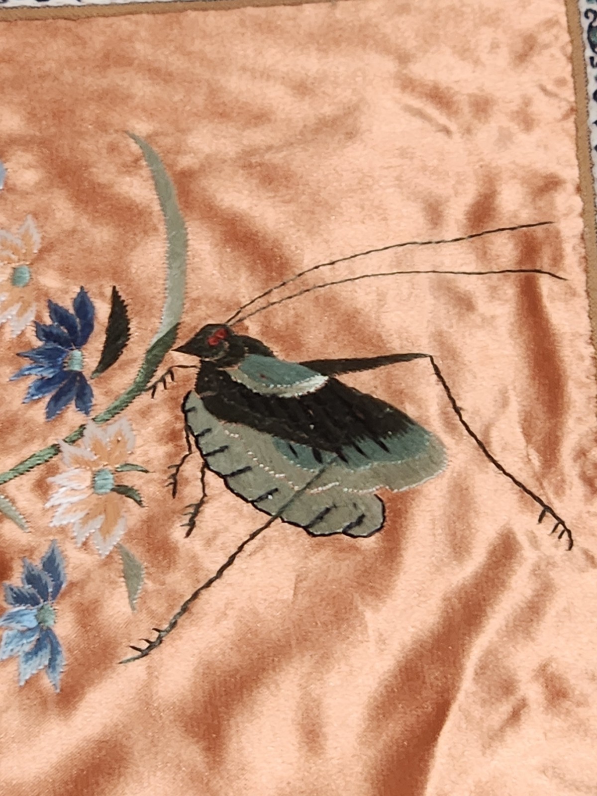 Vintage Chinese Hand Embroidered Silk Panel Flowers Grasshopper Design