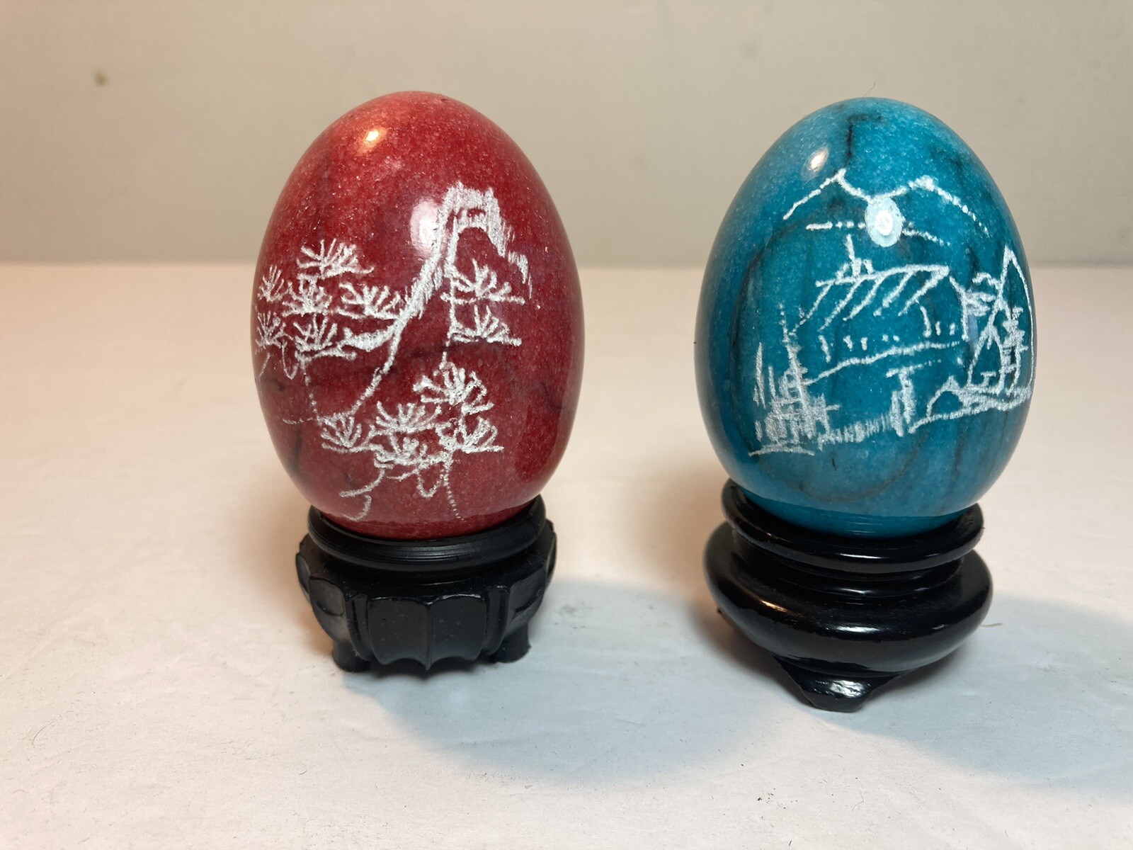 2 Vintage Chinese Hand Etched Painted Marble Stone Egg Monk Stand 2.5”
