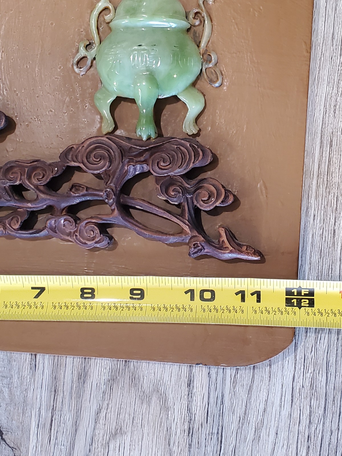 Vtg Chinese Flower Pot Brown Board Jadeite Floral Pot Stone Wall Panel 12”x 29”