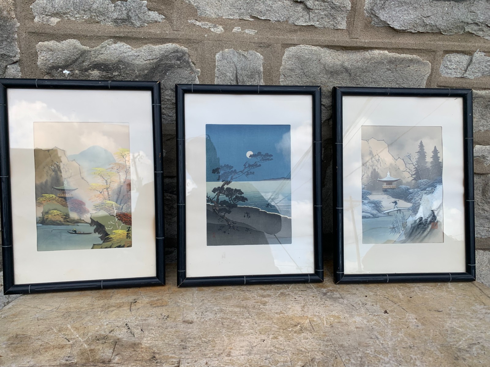 Arai Yoshimune +2 VTG Oriental Japanese Wood Block Paintings Framed Art 12×16″
