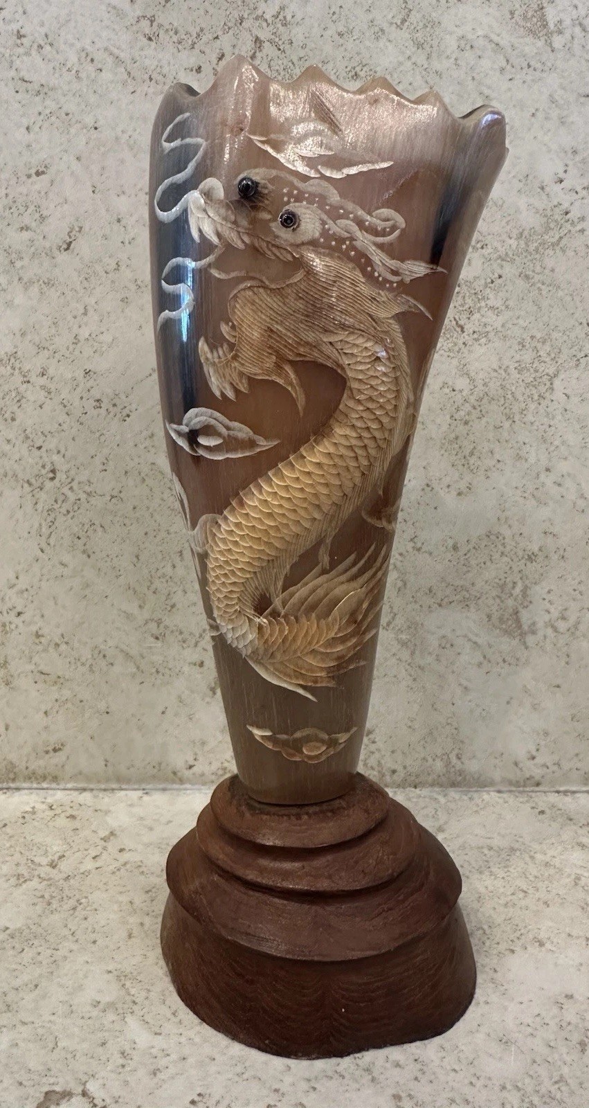 Vintage Thai Carved Horn Vase Dragon Motif Handicraft Wood Base Decor – Textured