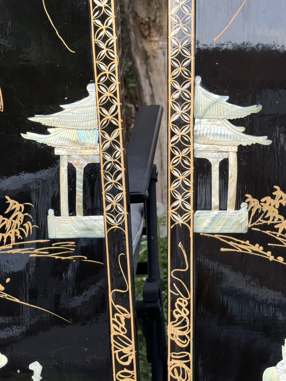 4 Vintage MCM Chinese Mother Of Pearl And Black Lacquer Panels 36 X 12