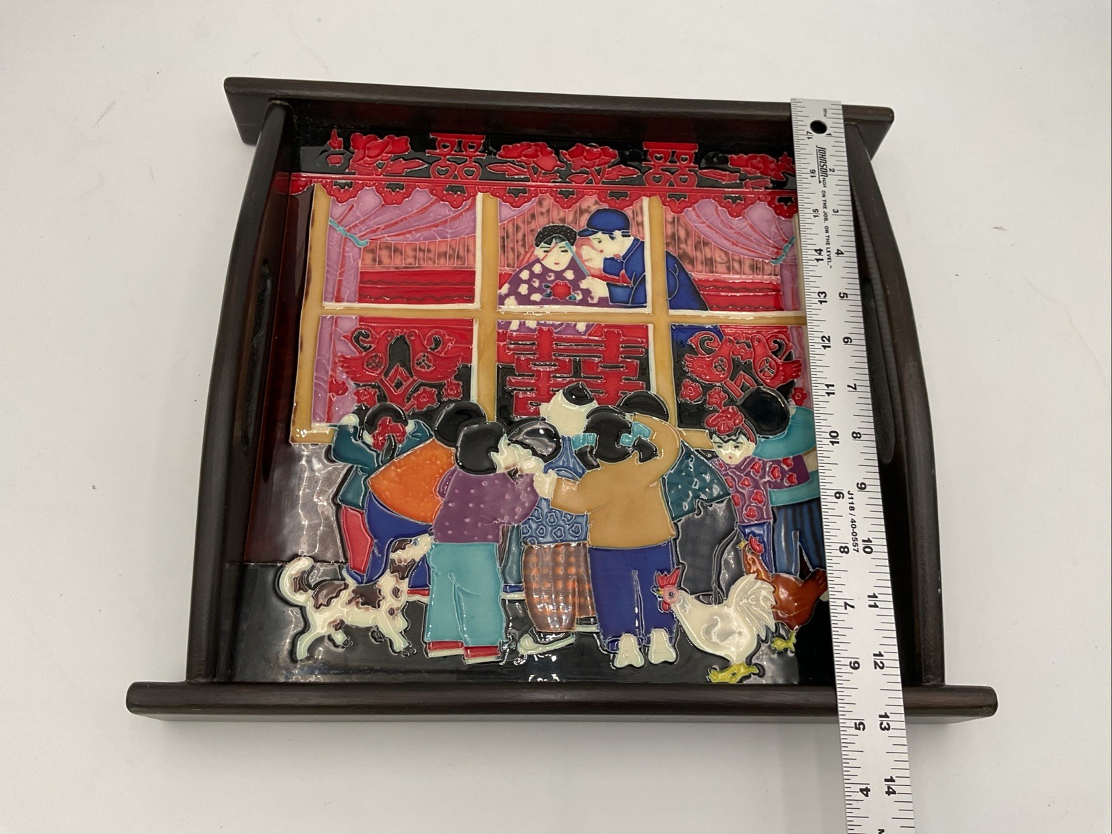 Decorative Serving Tray W/Ceramic Inlay Depicting Chinese Celebration