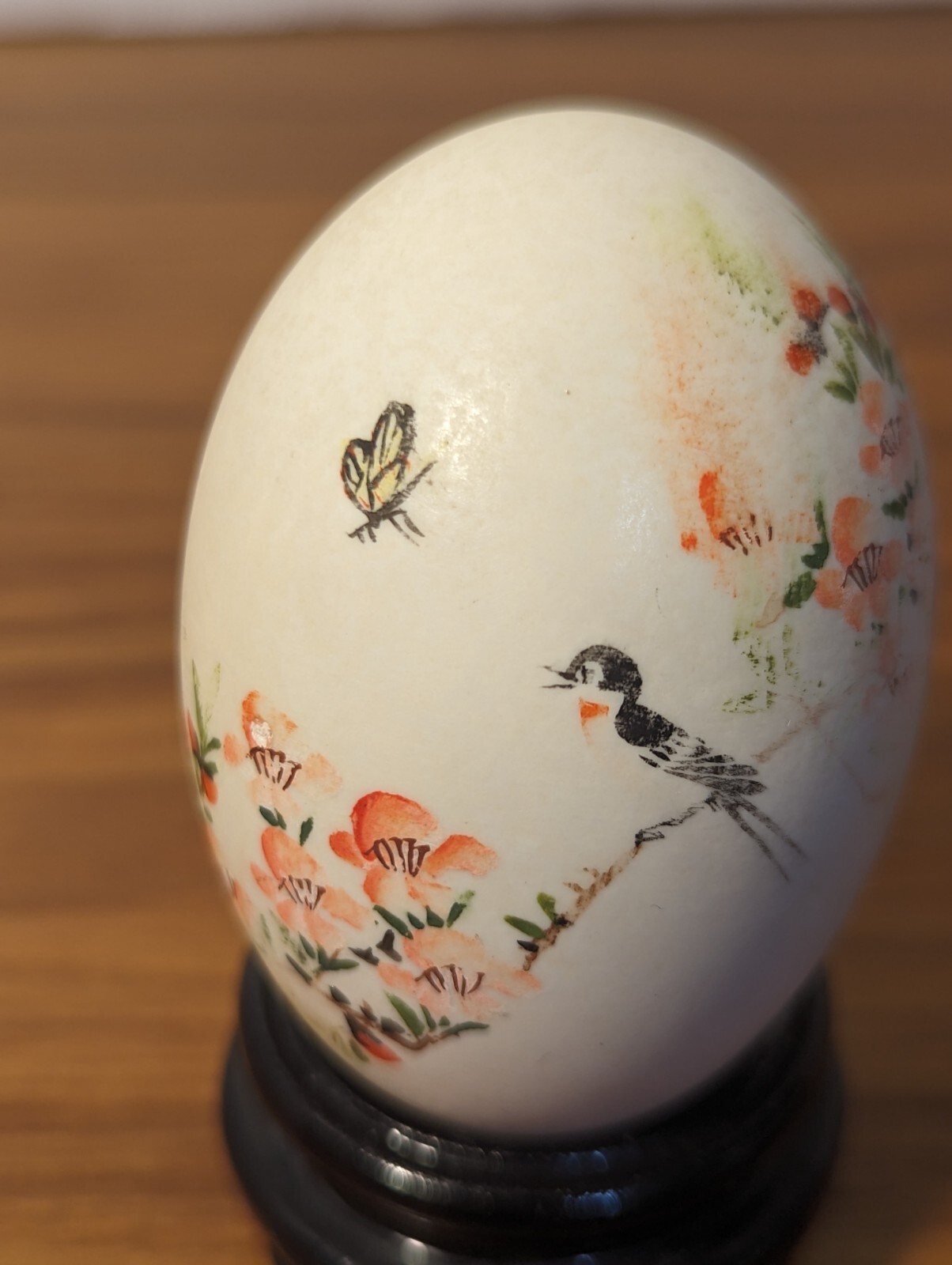 Vintage Chinese Hollow Hand Painted Egg With Stand. Floral, Birds, Butterfly.