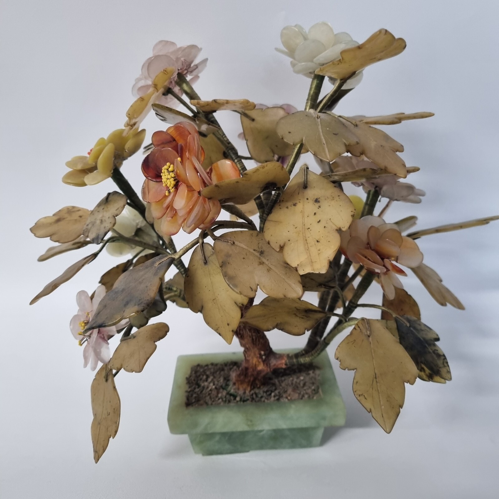 VINTAGE MCM CARVED JADE AGATE BONSAI FLOWER ASIAN ART TREE 11″ TALL