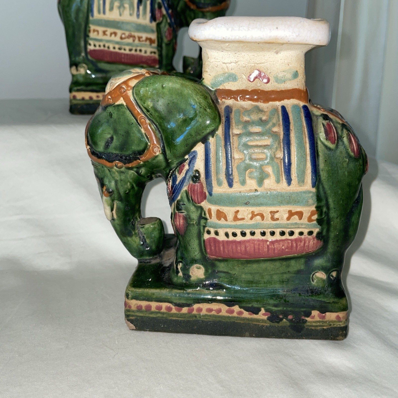 VTG Pr of Ceramic Hand Painted Majolica Asian Elephant Statue