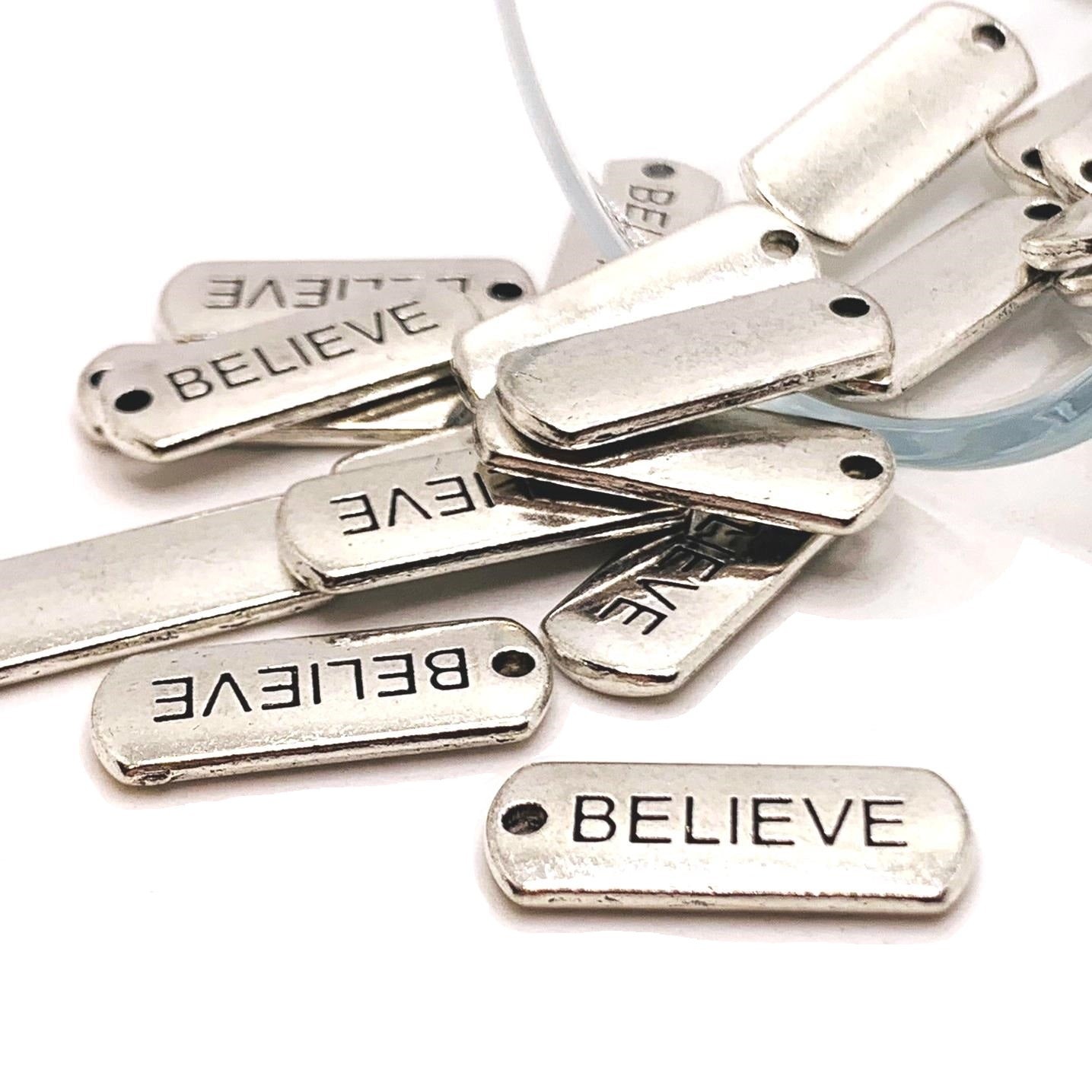 Silver Believe Word Bar Tag Charms, 8x21mm – US Seller