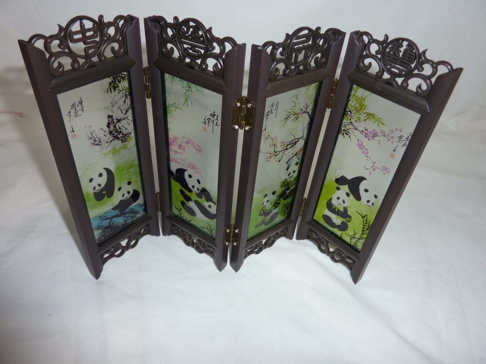 VTG Chinese 4-Panel Ornate Folding Tabletop Screen Panda Pandas On Painted Glass