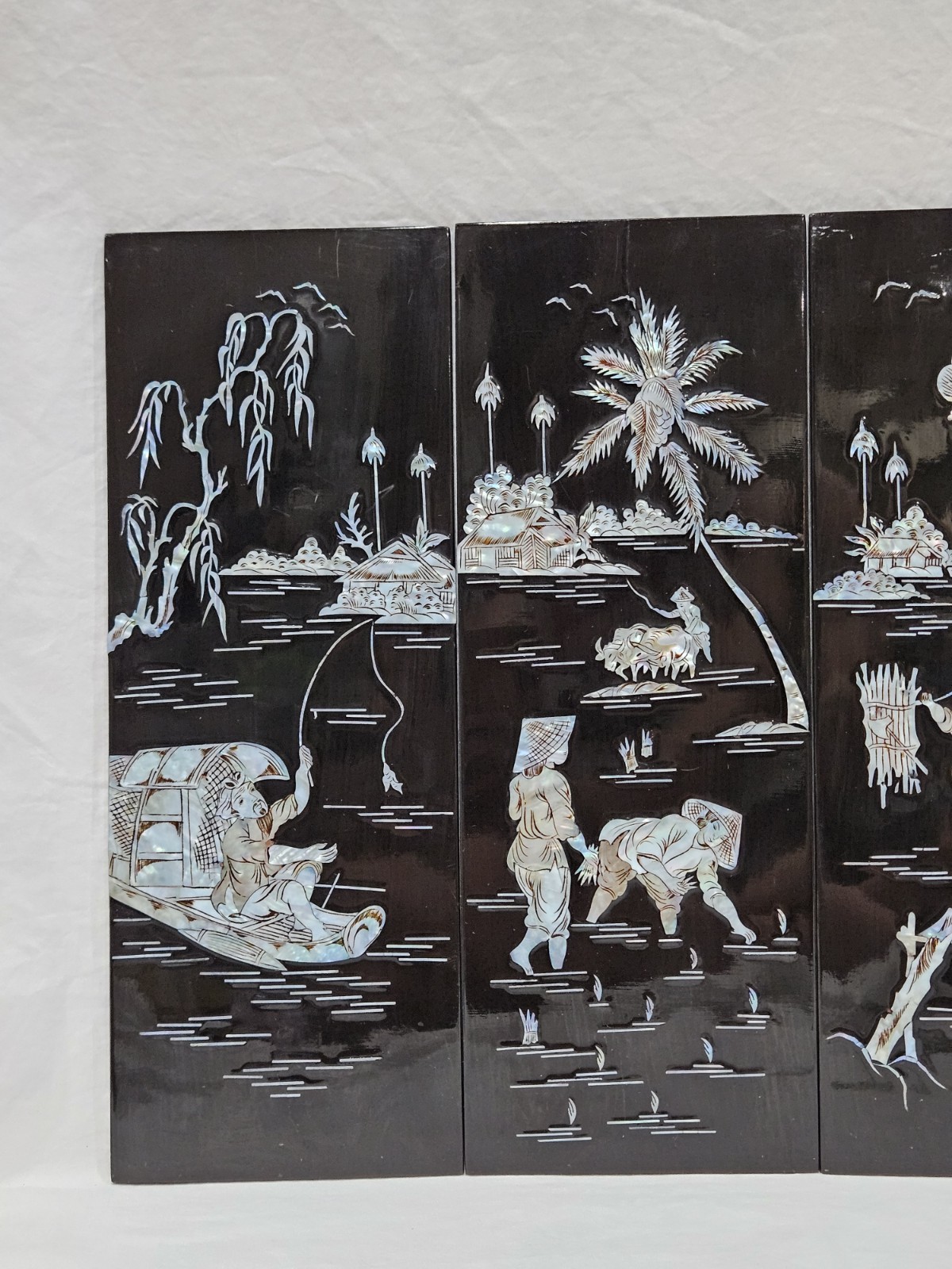 Vintage Asian Black Lacquer Mother of Pearl Inlay Wall Panels Set of 4
