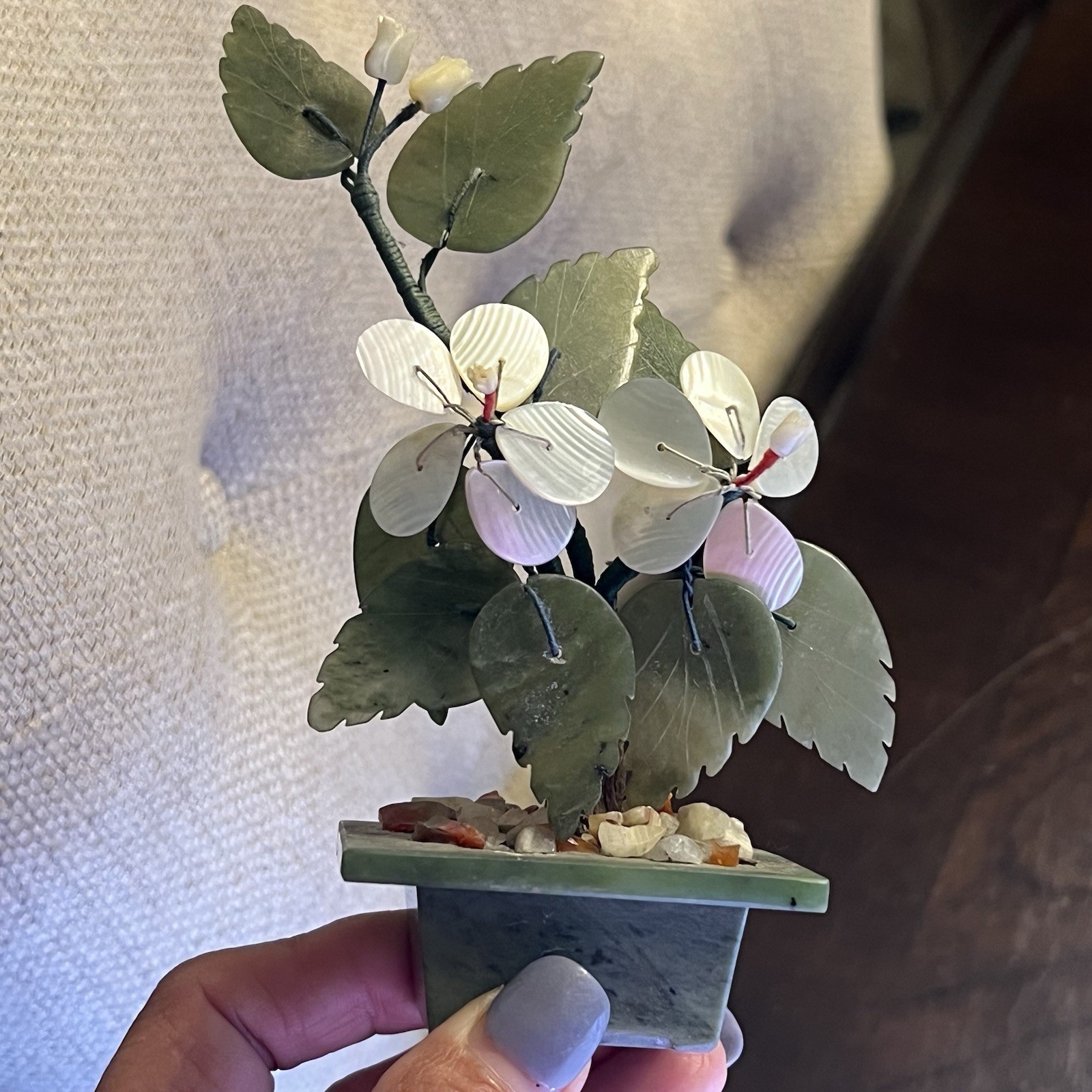 Sweet Small Asian Mother of Pearl & Jade Bonsai Tree Figure in Celadon Green Pot