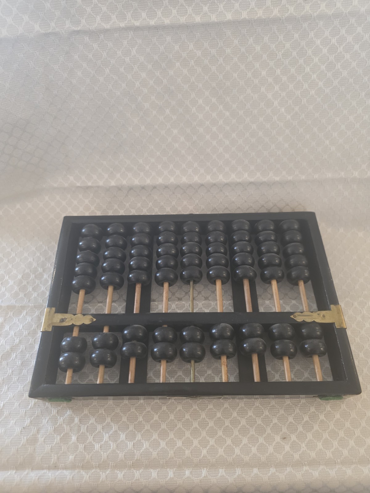 Vintage Chinese Lotus-Flower Brand Wood Abacus Suanpan 9 Column Brass Accents