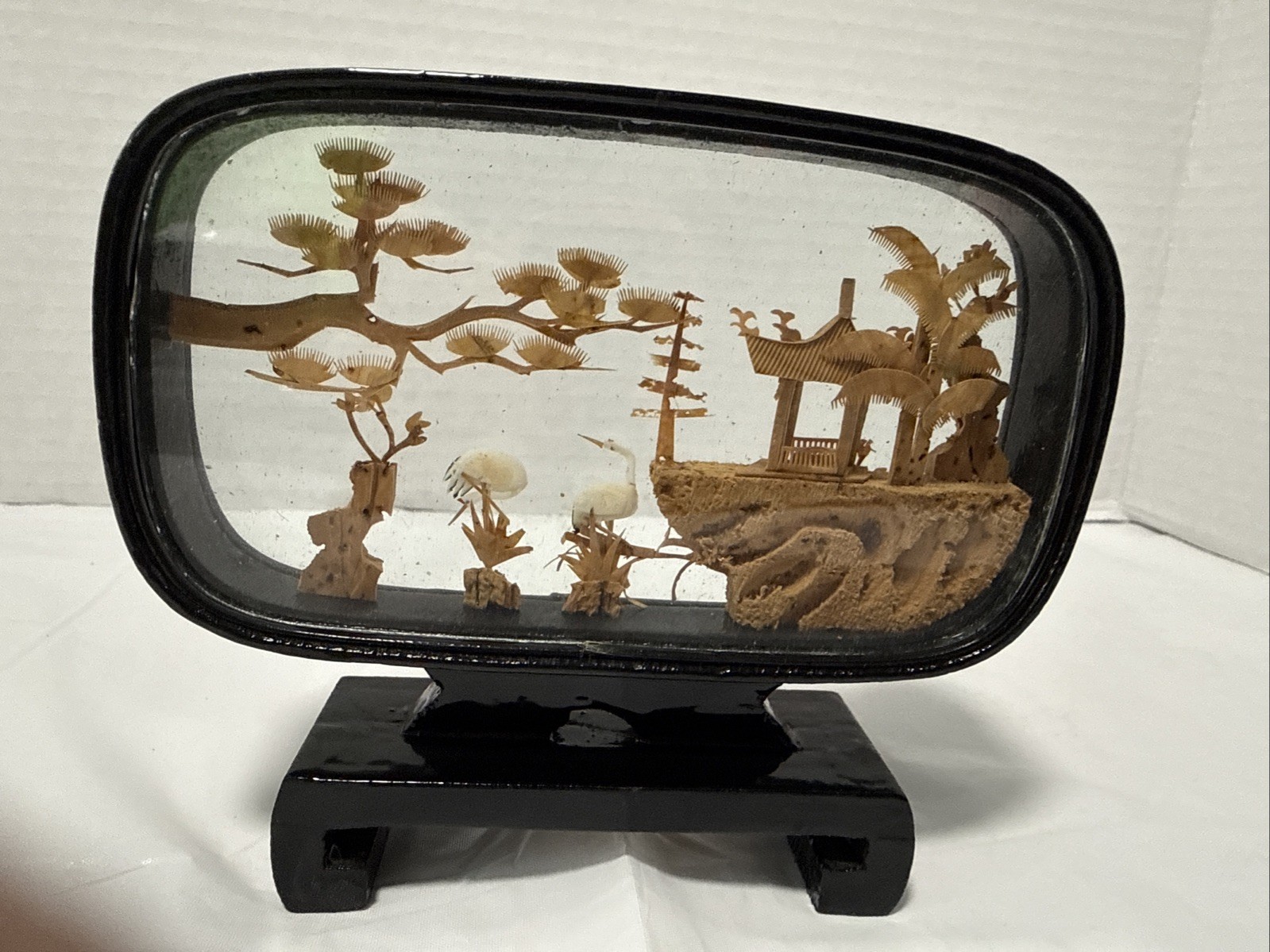 Vtg San Diorama Cork Hand Carved Pagoda Trees & Cranes. 4.5×3.5
