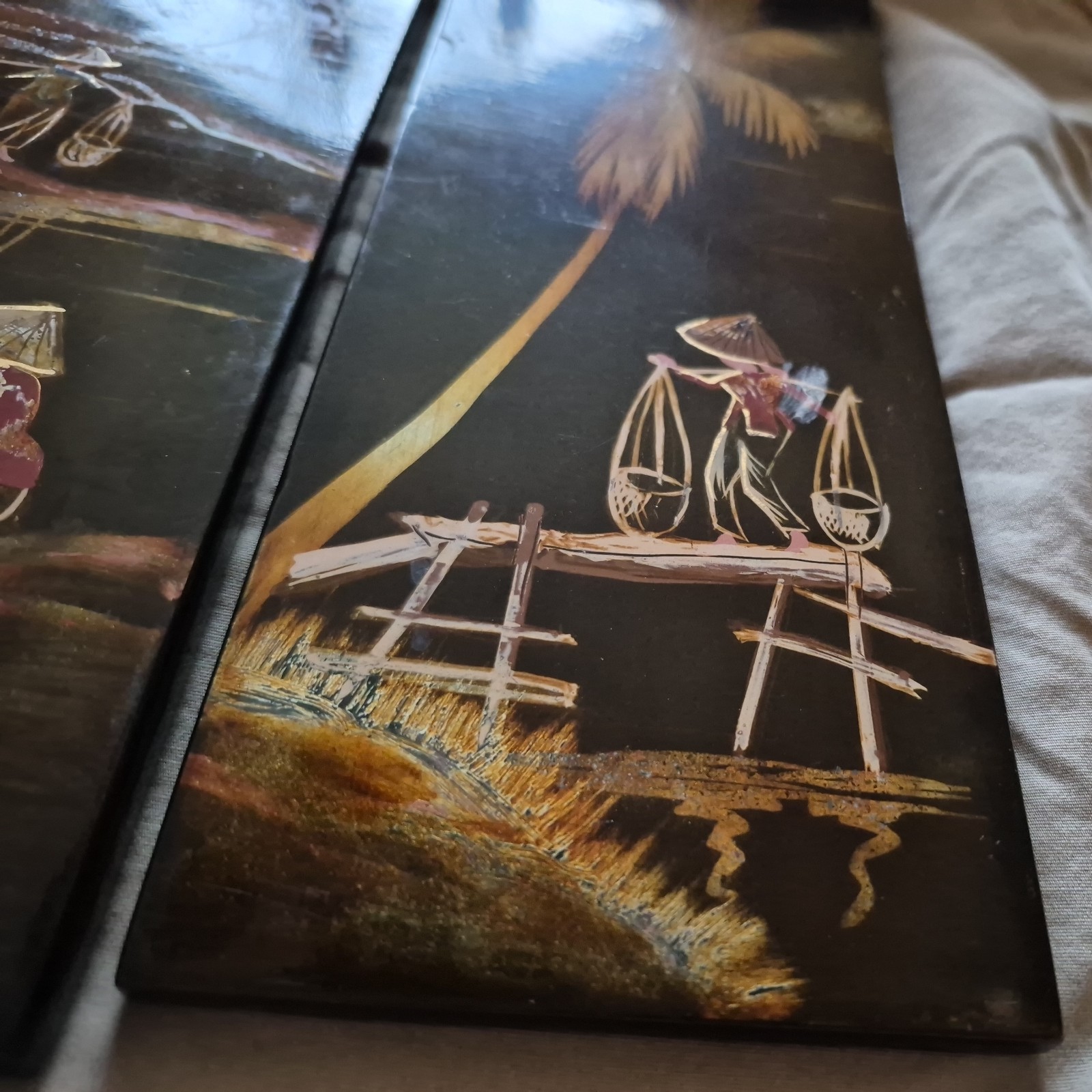 4 Vintage Asian Vietnamese Hand Painted Black Lacquer Wall Art Plaque Panels