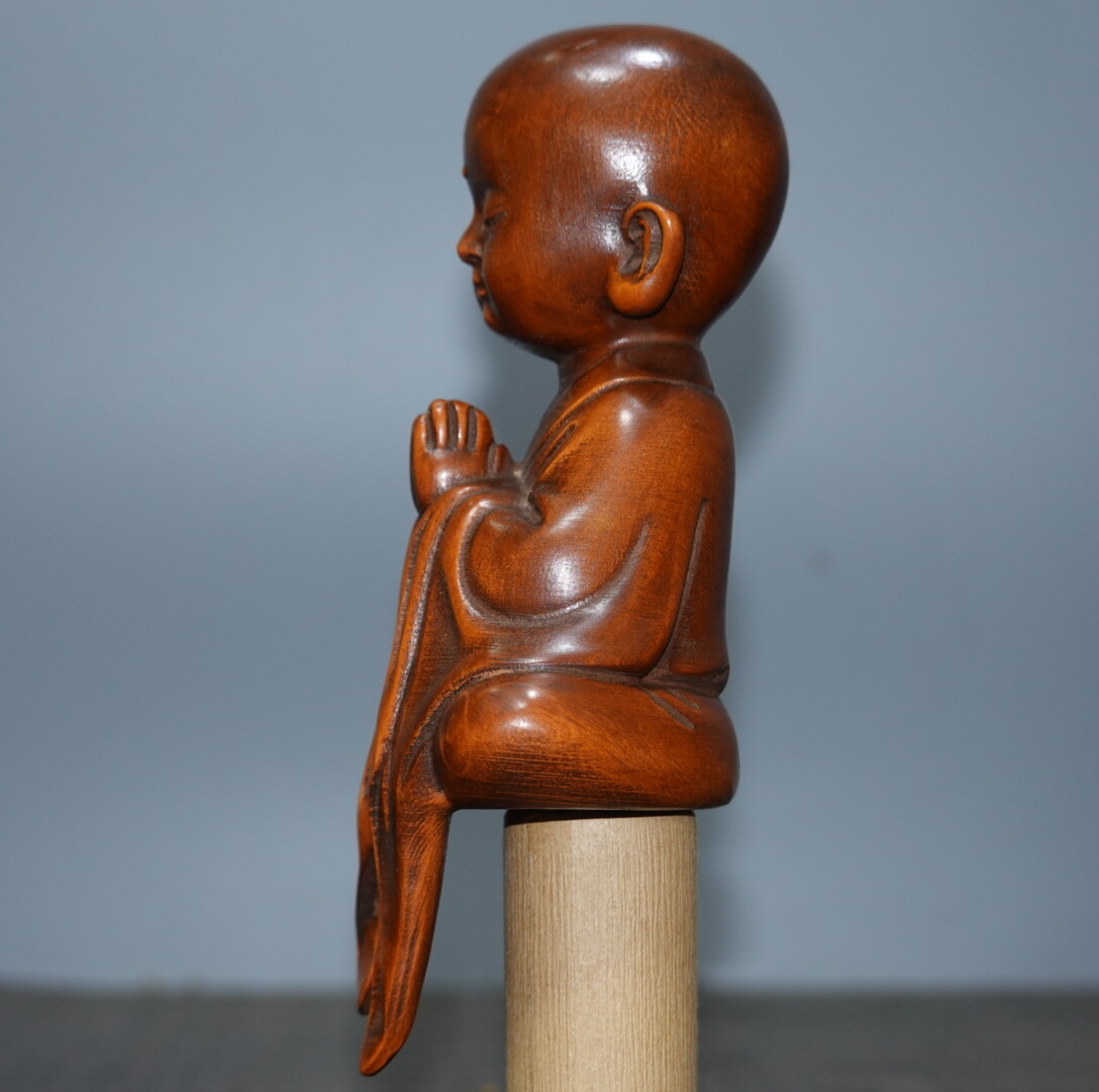 4.7″Collect China Box-wood Carving Small Little Monk Enlightenment Buddha Statue