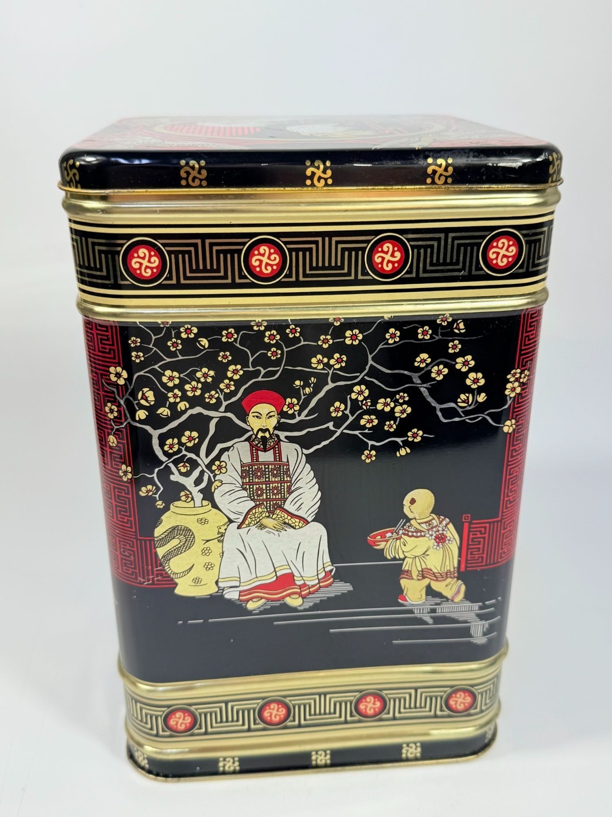 English Tea Tin Caddy Vintage 1970s Chinese Hinged Lid Black Red Gold Cranes Asi