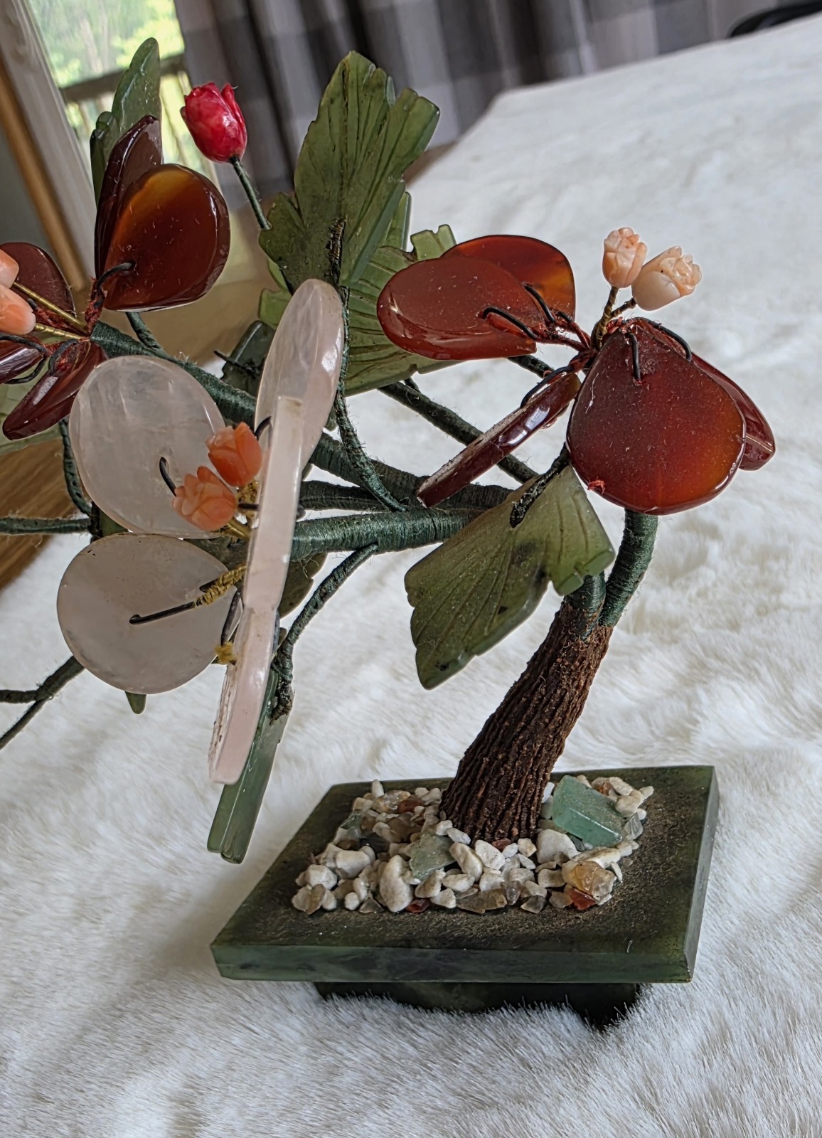 Small Hand Carved Chinese Jade & Semiprecious Stone Flower Bonsai Tree Figurine
