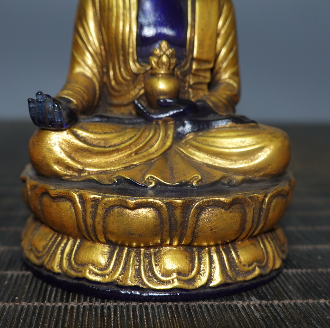4.7″ Chinese Blue Coloured Glaze Paintings Gild Buddhism Medicine Buddha Statue