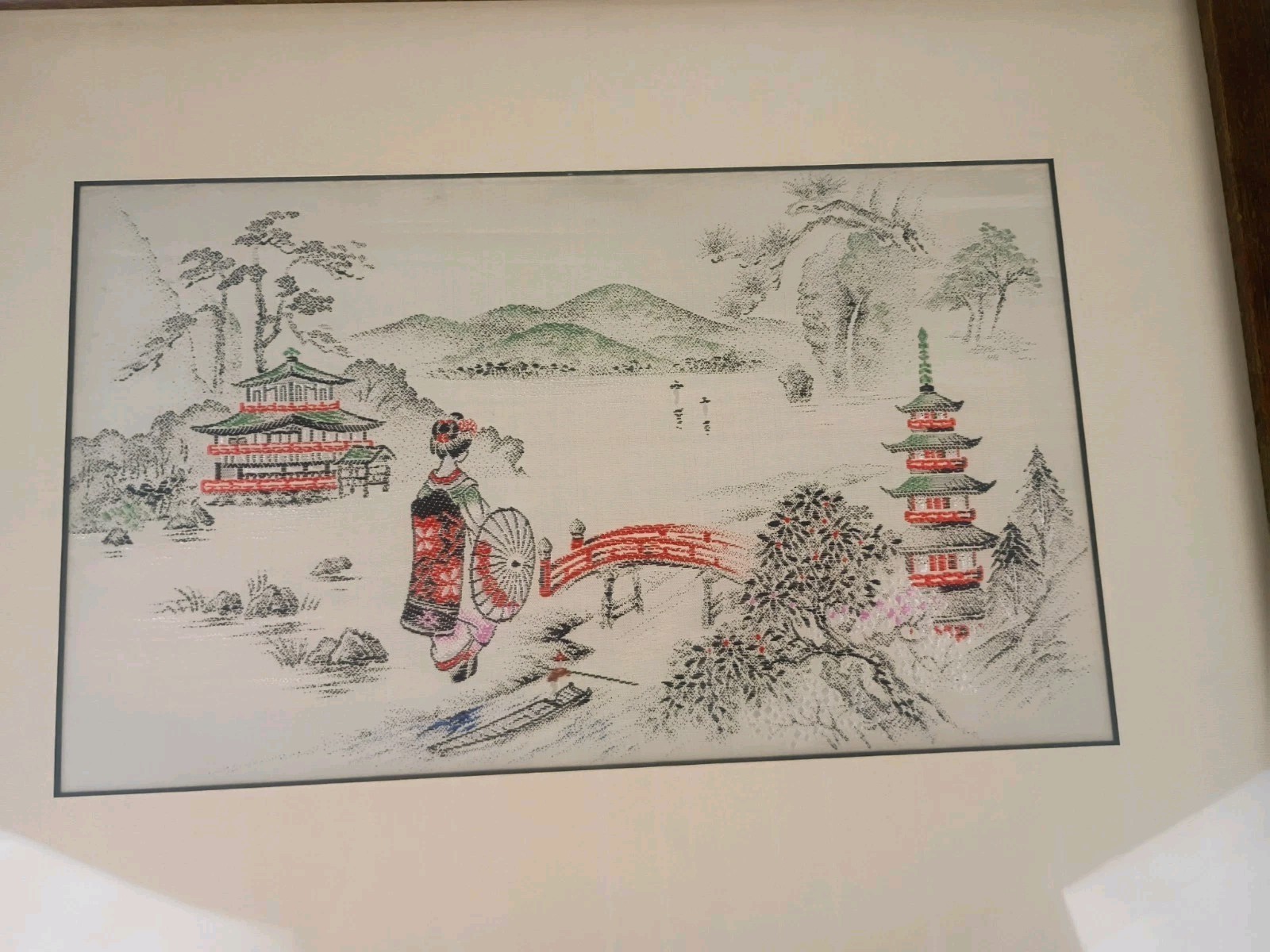 Vintage JapaneseSilk Embroidery Brocade Textile Art Temple Landscape Scene
