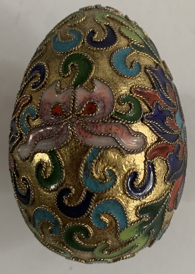 Chinese Enamel Egg Cloisonne Gold Metal Mix Color Floral Wood Stand Easter Decor