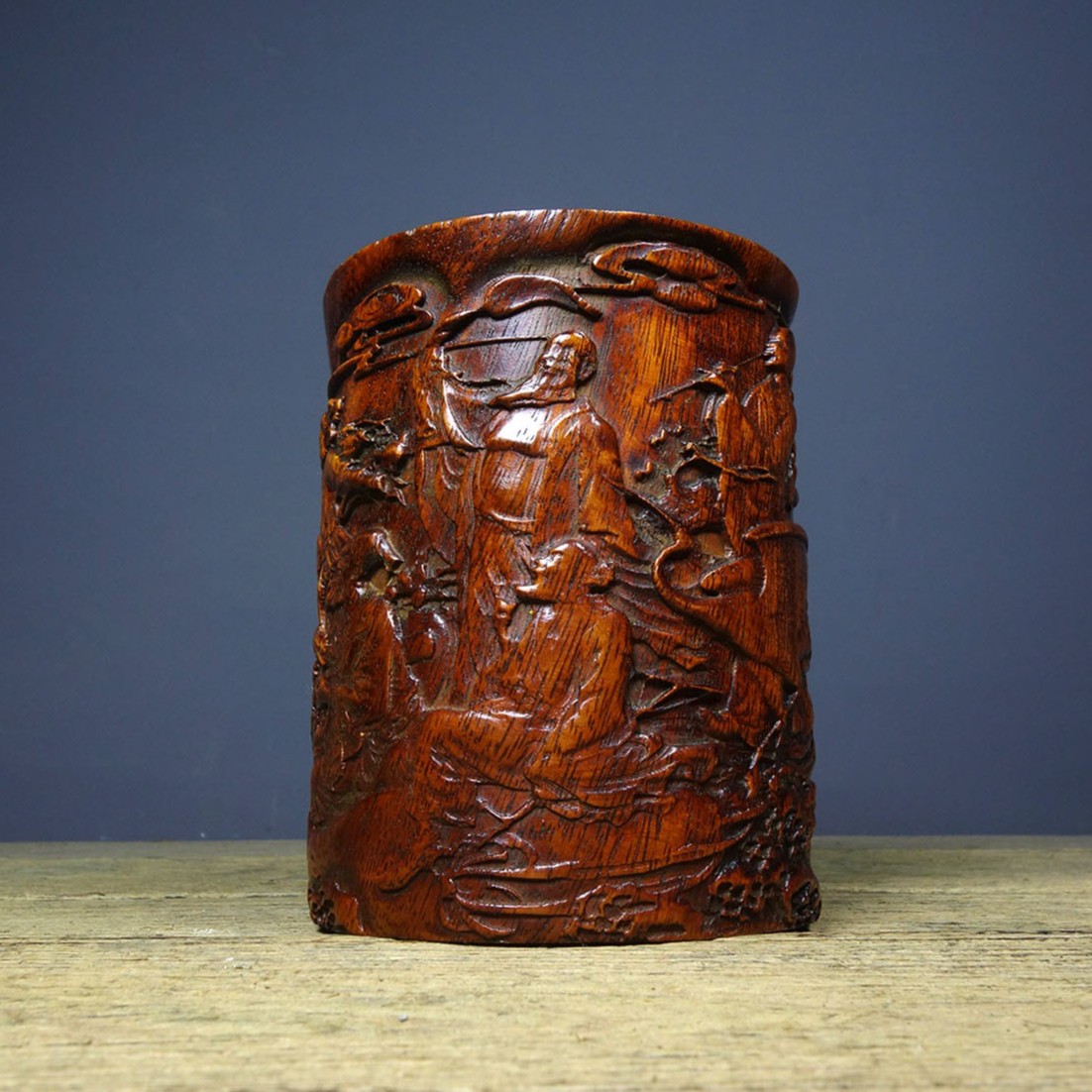 Vintage Rosewood Brush Pot, Hand-Carved Eight Immortals, 14.5cm
