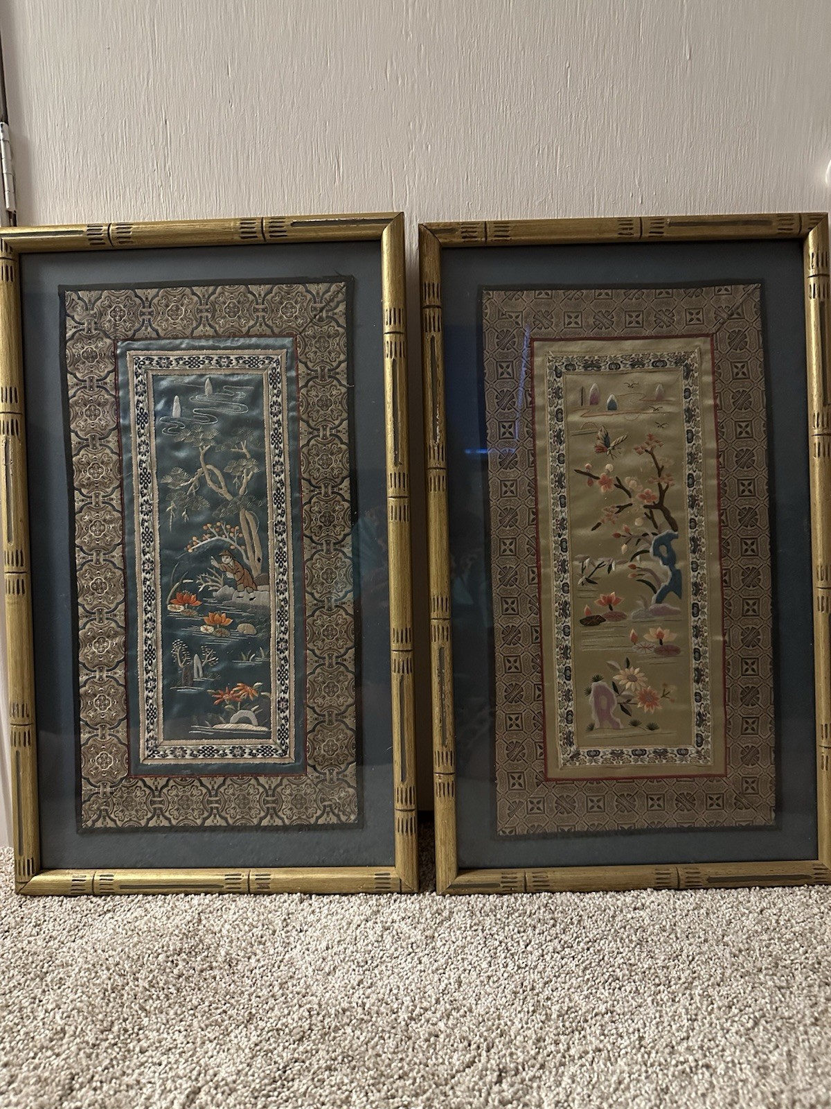 Chinese Silk Embroidery Panels Depicting Birds and Blossoms Set of 2