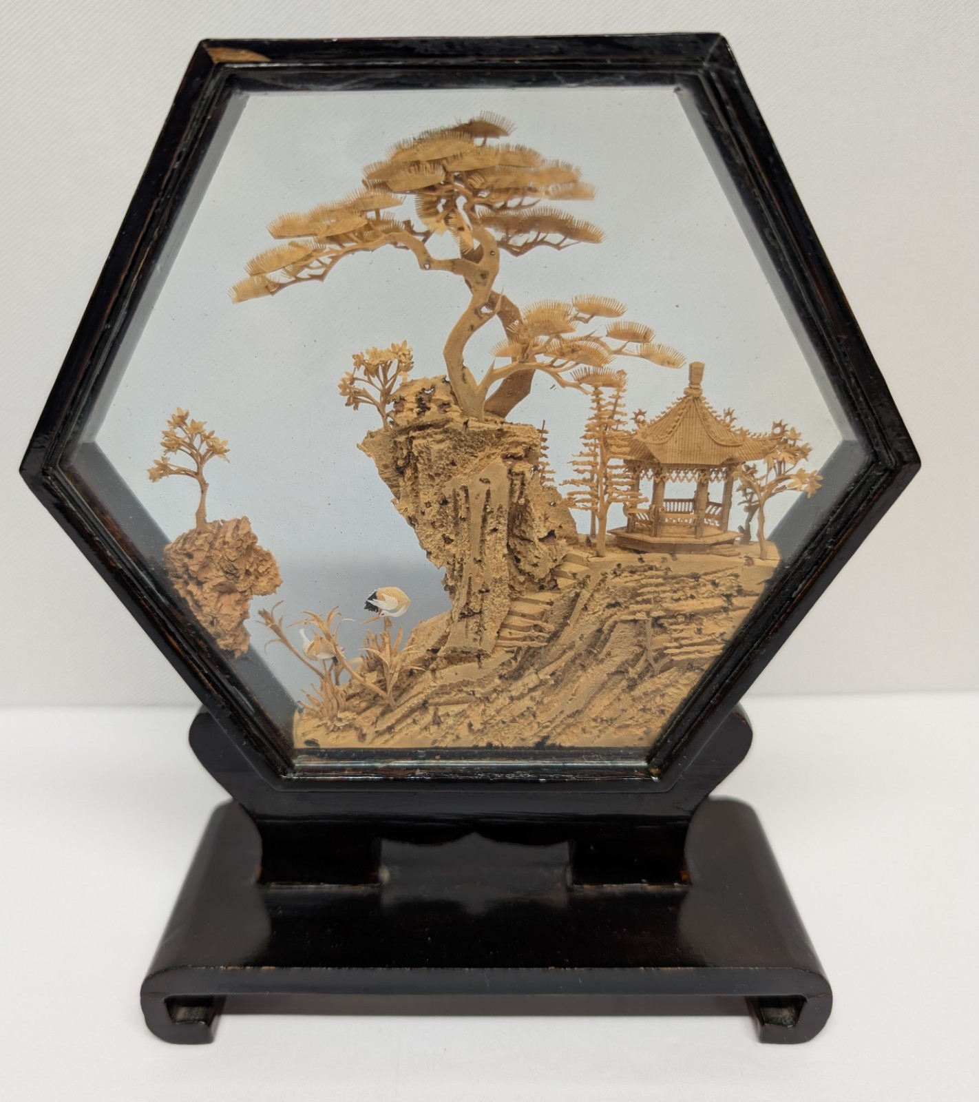 Vtg. Chinese 3-D Hand Carved Cork Diorama Hexagon Framed Art Crane Pagoda Trees
