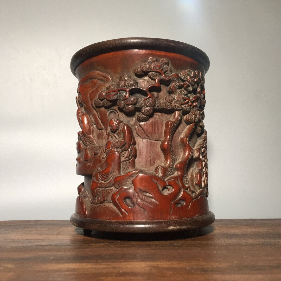 6.5″ old Hand-carved four virtues of refined people statue bamboo Pen Brush pot