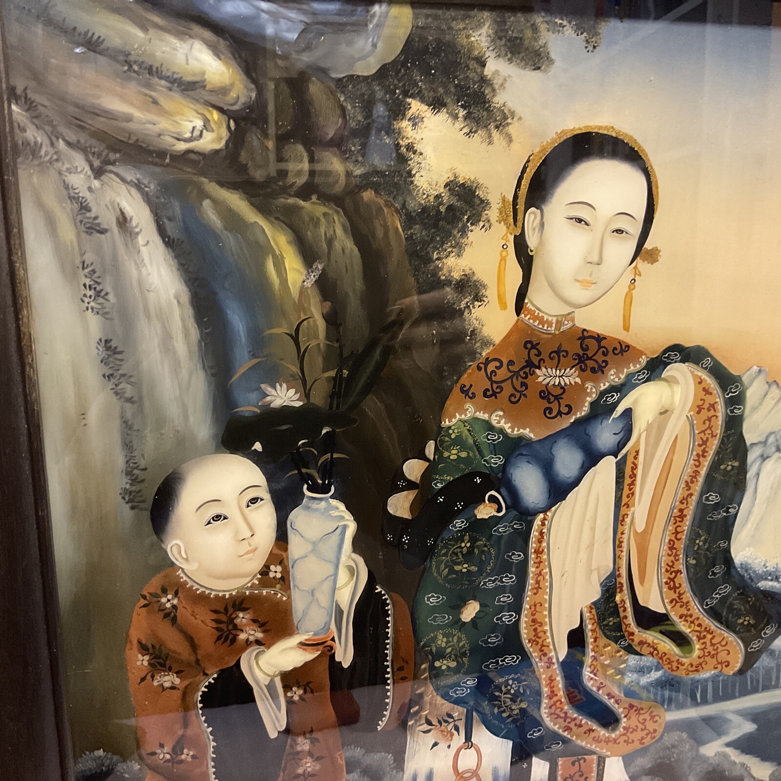 Antique Chinese Reverse Painted Framed Glass Panel 22 x 16