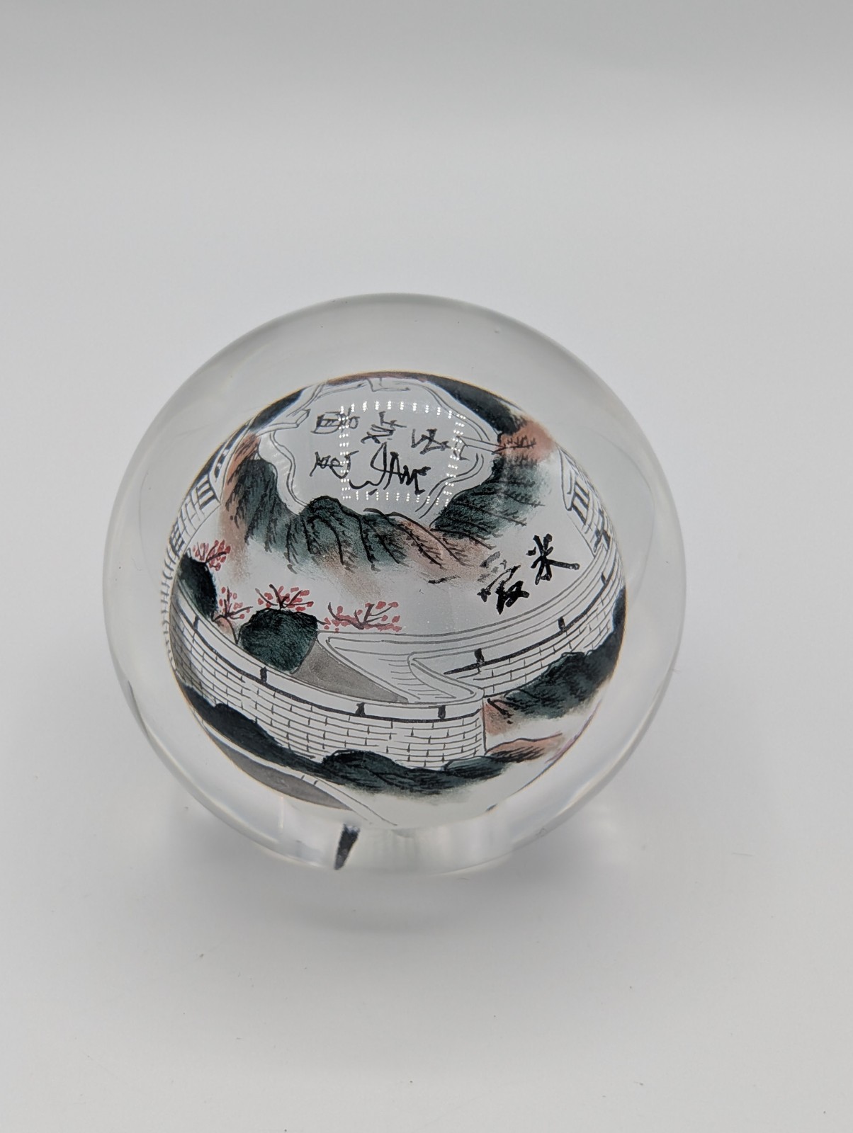 RARE Vintage Chinese Reverse Painted Glass Sphere Paperweight 3.5″ Unique Art